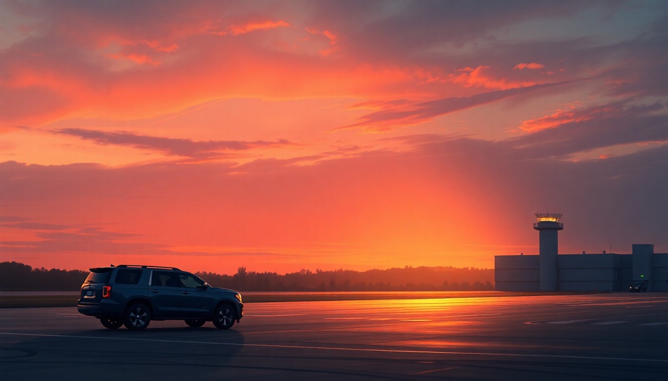 A serene, cinematic painting of an airport tarmac at dusk, with a lone government vehicle silhouetted against the warm, golden light, conveying a sense of quiet tension and expectation.