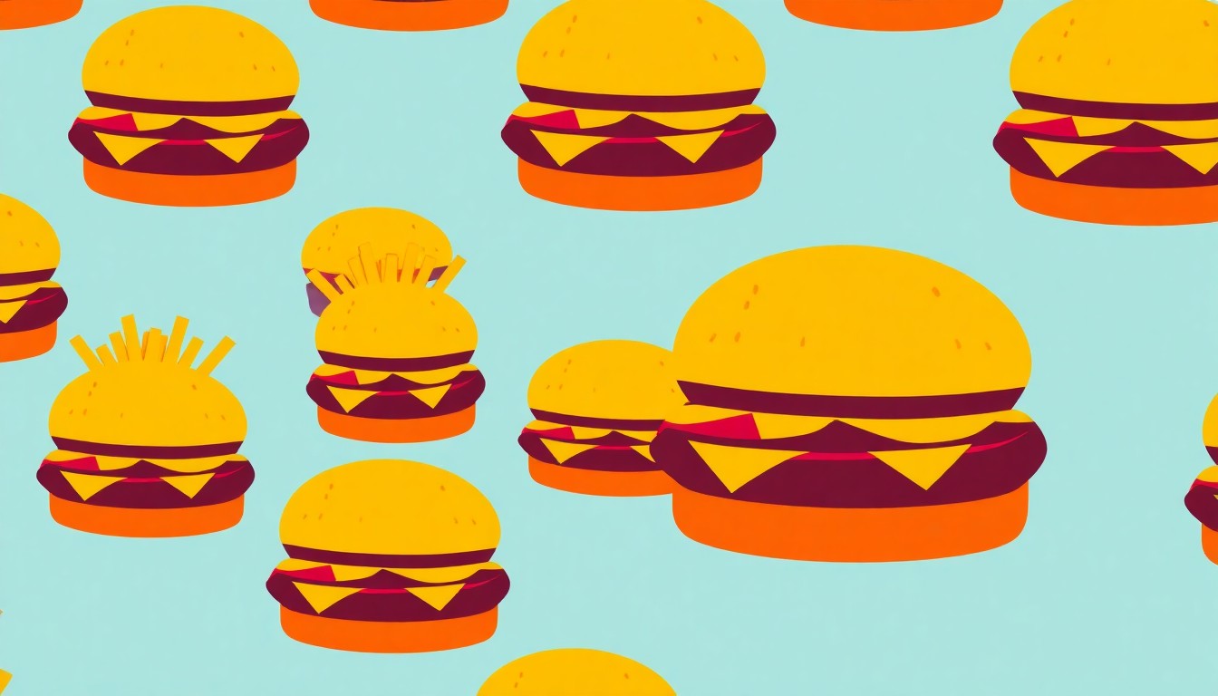 A highly stylized, abstract grid of brightly colored, silkscreened burger and fry icons in neon shades of red, yellow, and blue, conceptually representing the celebratory reopening of a popular fast food eatery.
