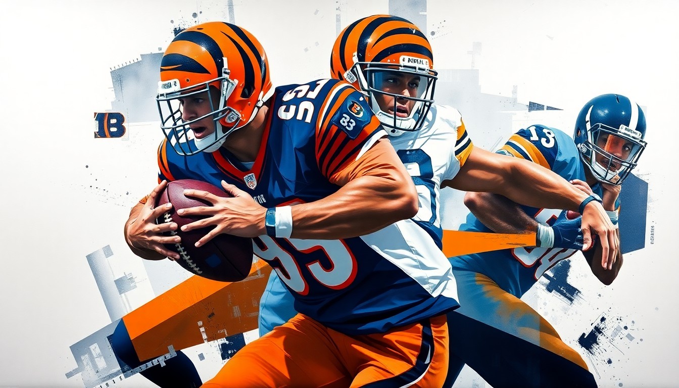 A fragmented, geometric painting depicting a football player in the midst of a pass rush, with sharp planes of navy blue, orange, and white representing the Bengals' colors.