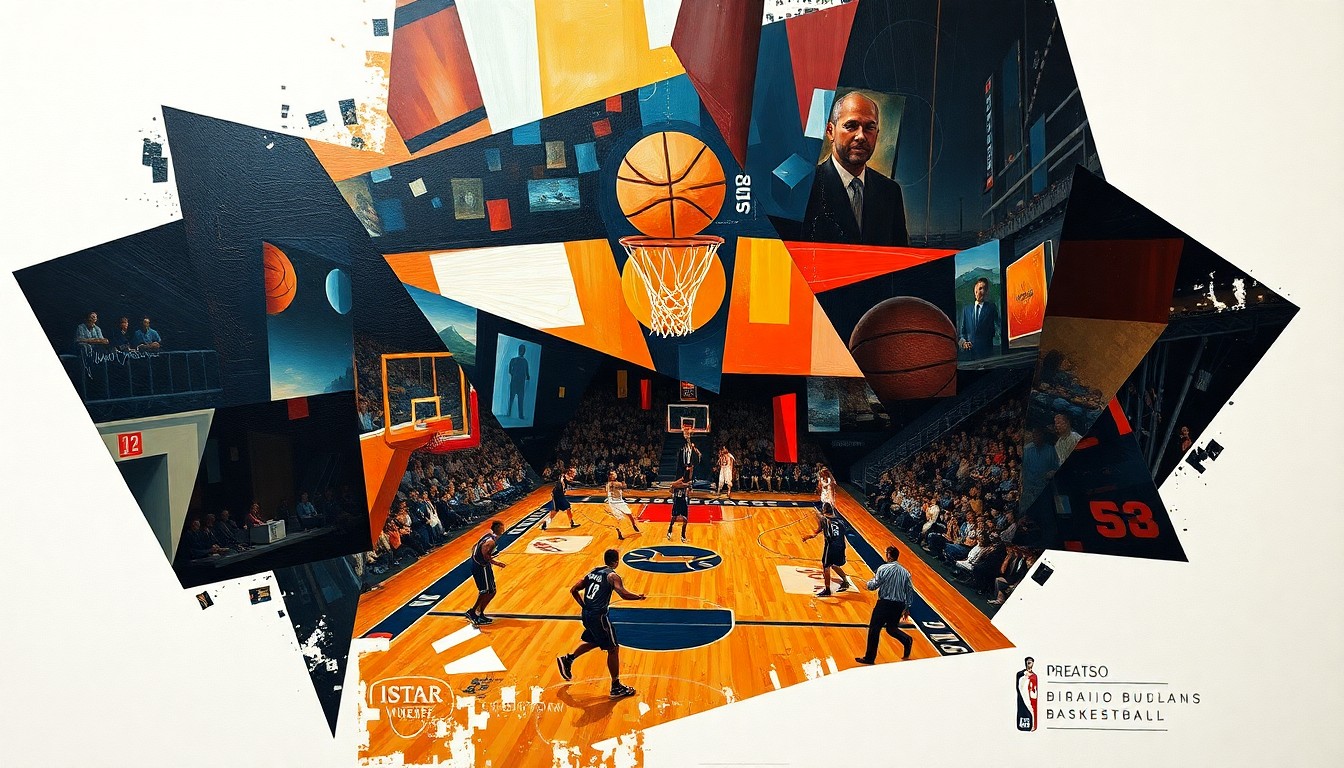 A cubist, geometric painting depicting fragmented, overlapping shapes and planes in shades of orange, blue, and green, conceptually representing the disruption and uncertainty surrounding Terry Rozier's NBA career.