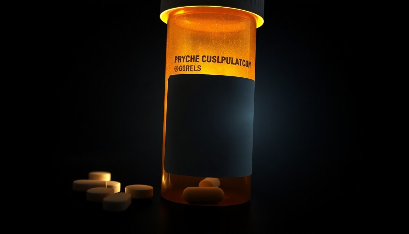 An extreme close-up photograph of a prescription pill bottle with a partially obscured label, lit by a harsh, direct camera flash against a pitch-black background, conceptually representing the investigation into Tiger Woods' medication use.