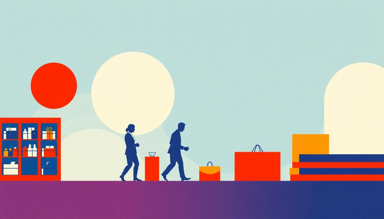 A vibrant abstract illustration composed of overlapping triangles and circles in shades of blue, red, and yellow, conveying the idea of consumer spending as a vital economic force.