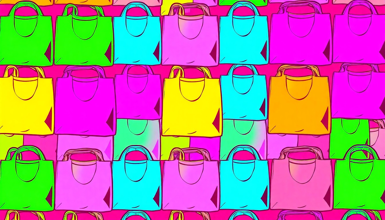 A bold, colorful silkscreen print featuring a repeated pattern of a simple grocery bag or food container, rendered in a high-contrast, neon palette that transforms the everyday object into a striking modern pop art composition.