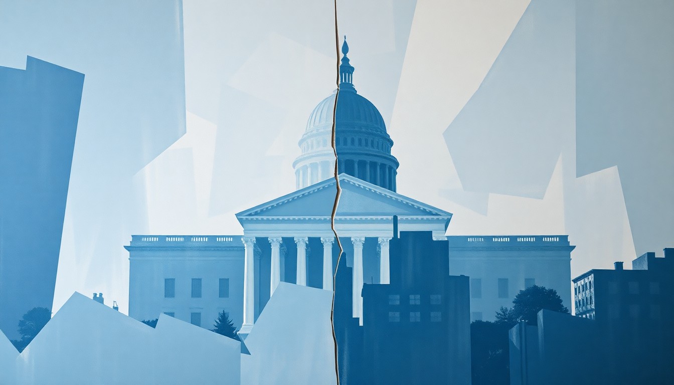 A fractured, abstract painting in shades of blue, grey, and white depicting the silhouette of a government building or courthouse, representing the clash between federal and local immigration policies.