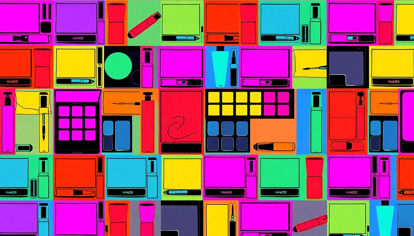 A brightly colored, high-contrast silkscreen print featuring multiple images of a single, iconic beauty product like a lipgloss or eyeshadow palette, repeated in a tight grid pattern to create a modern, abstract pop art composition.