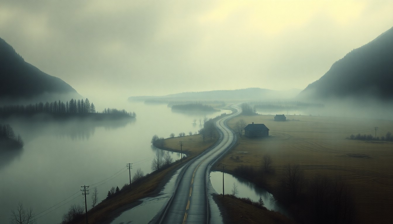 A sweeping, atmospheric landscape painting in muted tones, depicting a flooded road winding through a foggy, desolate countryside, conveying a sense of the overwhelming power of nature and the impact of unexpected infrastructure failures on a community.