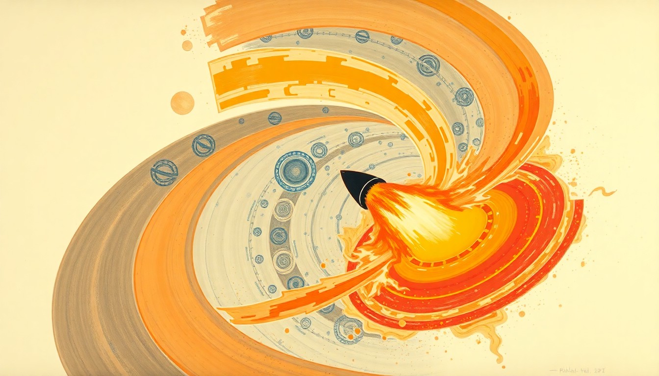 A highly textured, abstract painting in soft oranges, reds, and blues, with sweeping geometric arcs and precise spirals, conceptually representing the fiery forces of the Orion capsule's reentry through the atmosphere.
