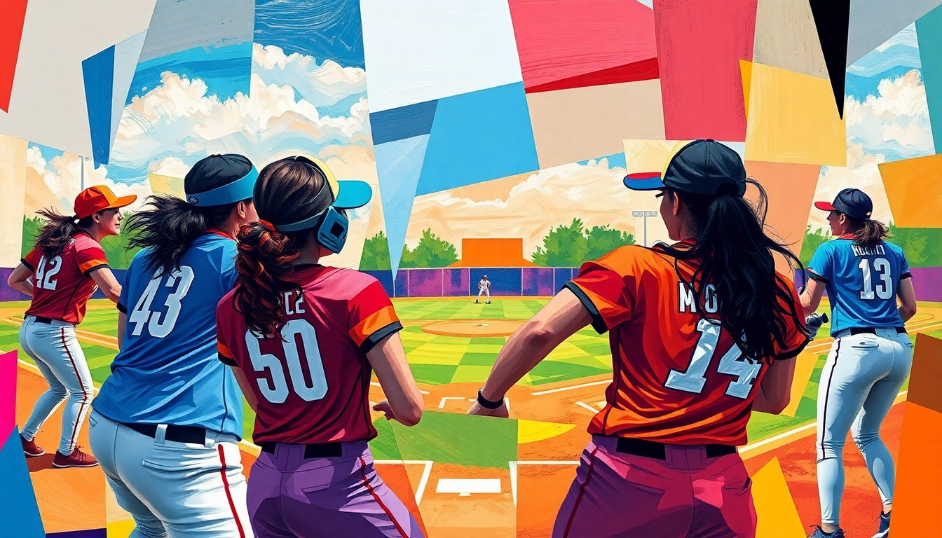 A cubist, geometric painting depicting a women's softball game in motion, with sharp, overlapping planes of color representing the players, field, and action.