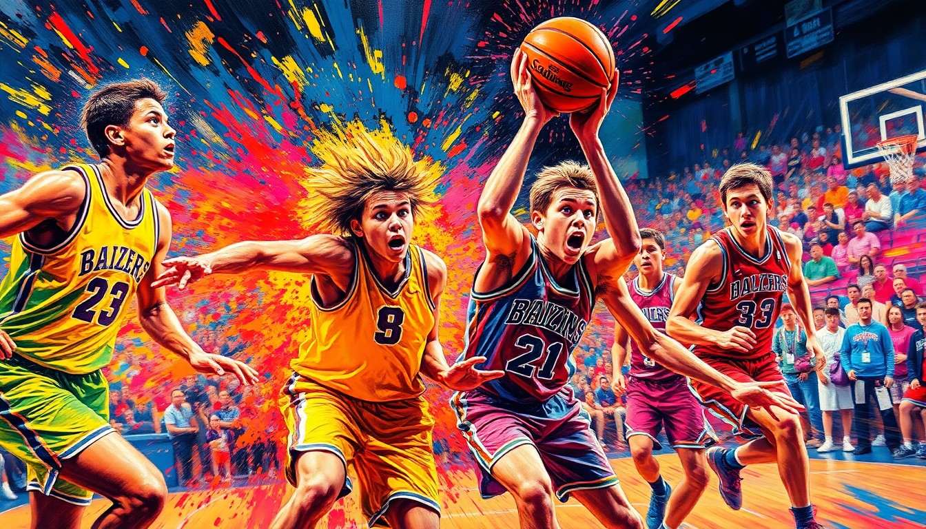 An abstract, expressionist painting in bold neon colors, with rapid brushstrokes conveying the kinetic energy and emotion of a high school basketball game.