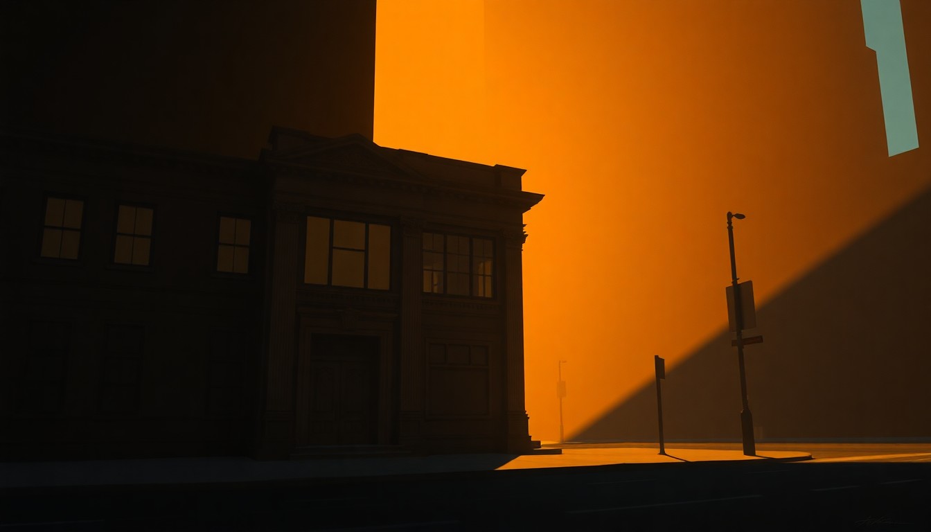 A serene, photorealistic painting of a dimly lit New York City government building, with warm sunlight streaming through the windows and casting long shadows across the facade, capturing the quiet, contemplative mood of the mayor's first 100 days in office.