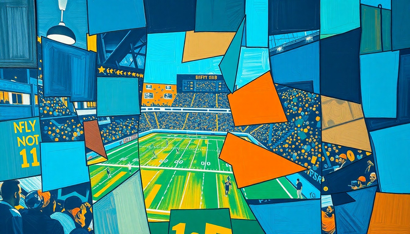 A cubist, geometric painting depicting fragmented football players and draft prospects, conveying the strategic decisions and multiple perspectives involved in an NFL team's draft planning.