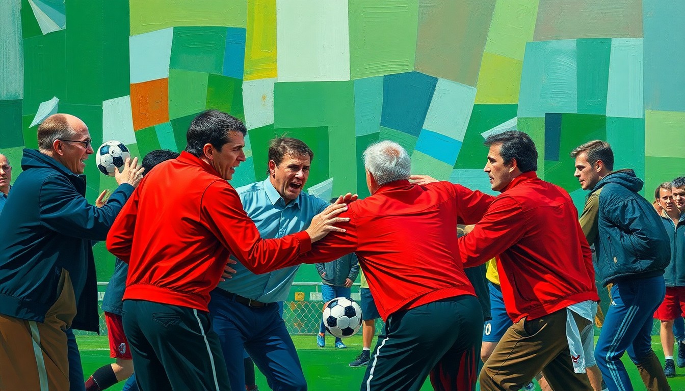 A fractured, cubist-style painting depicting the physical confrontation between soccer coaches, with sharp geometric shapes in vibrant colors representing the raw emotion and tension of the moment.