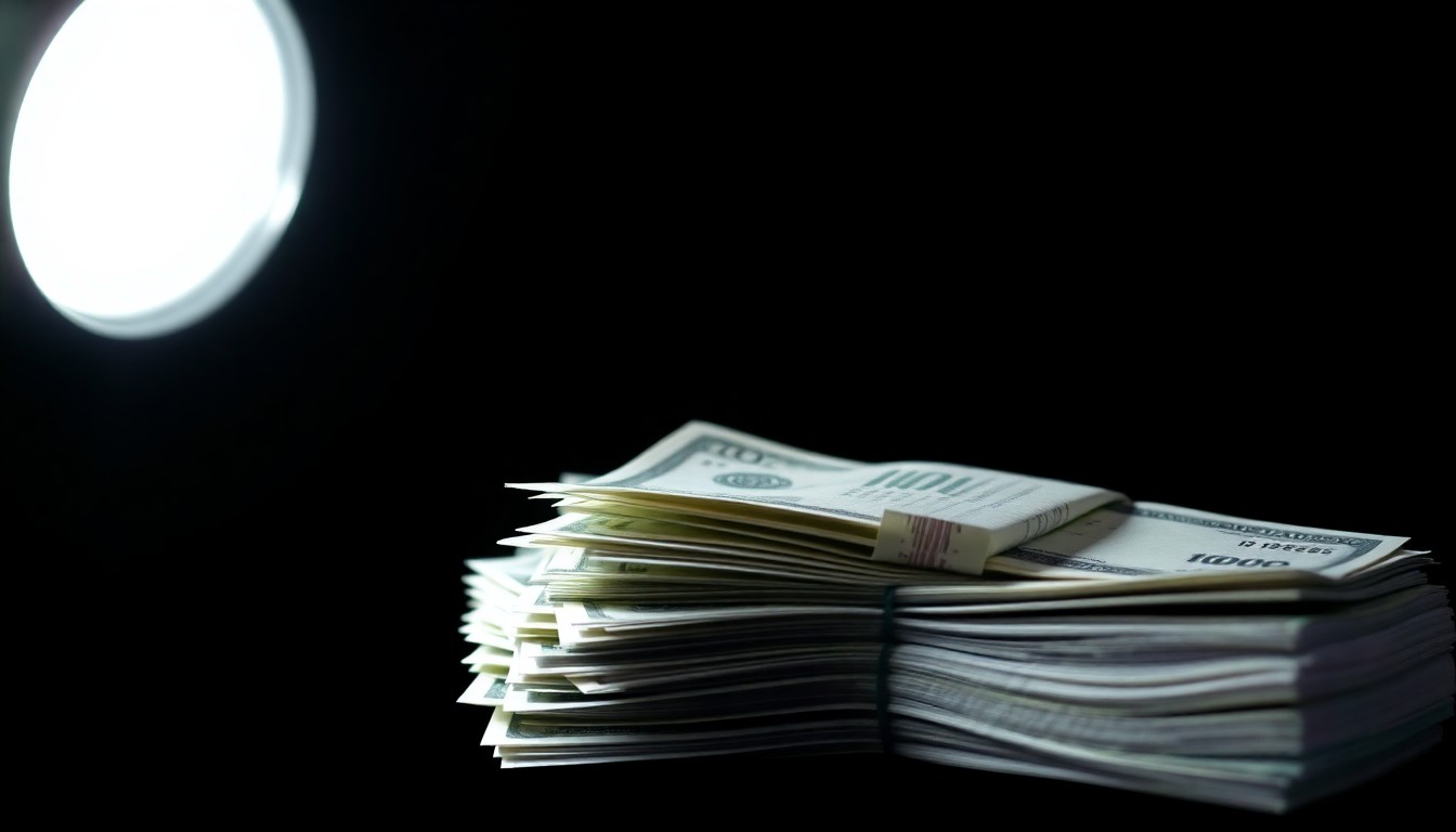 An extreme close-up photograph of a stack of cash and bank transfer receipts, lit by a harsh, direct camera flash against a pitch-black background, conceptually illustrating the illegal kickback scheme uncovered at a Miami-Dade condo.