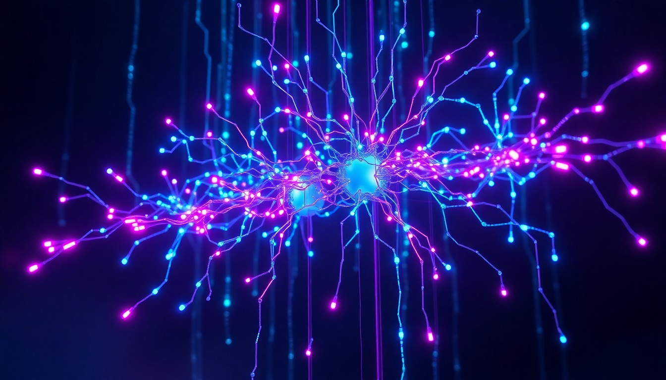 A highly detailed 3D illustration of a glowing, futuristic AI neural network, with pulsing neon blue and purple lights flowing through intricate circuits and data pathways, suspended in a dark, atmospheric environment to convey the power and complexity of advanced AI models.