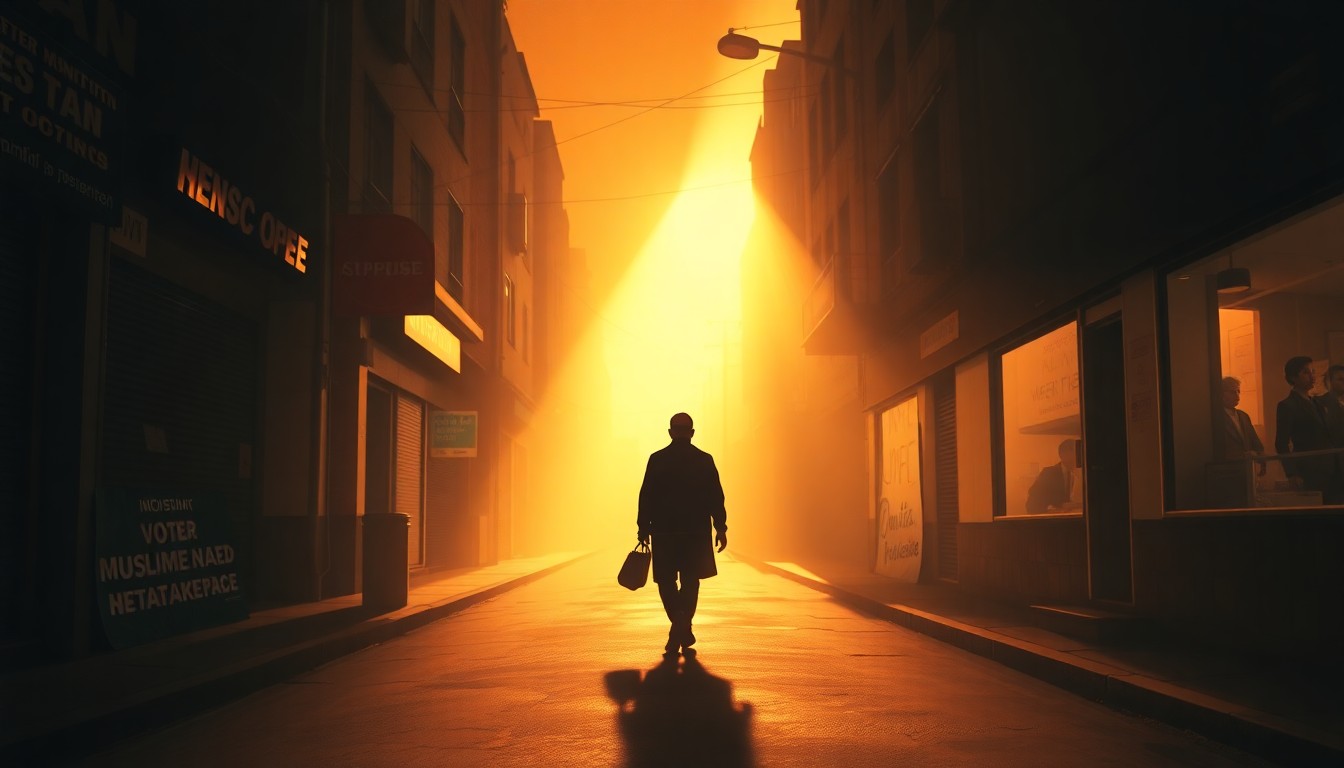 A moody, atmospheric painting depicting a lone figure walking down a shadowy urban street, the warm light casting deep shadows and a sense of contemplation.