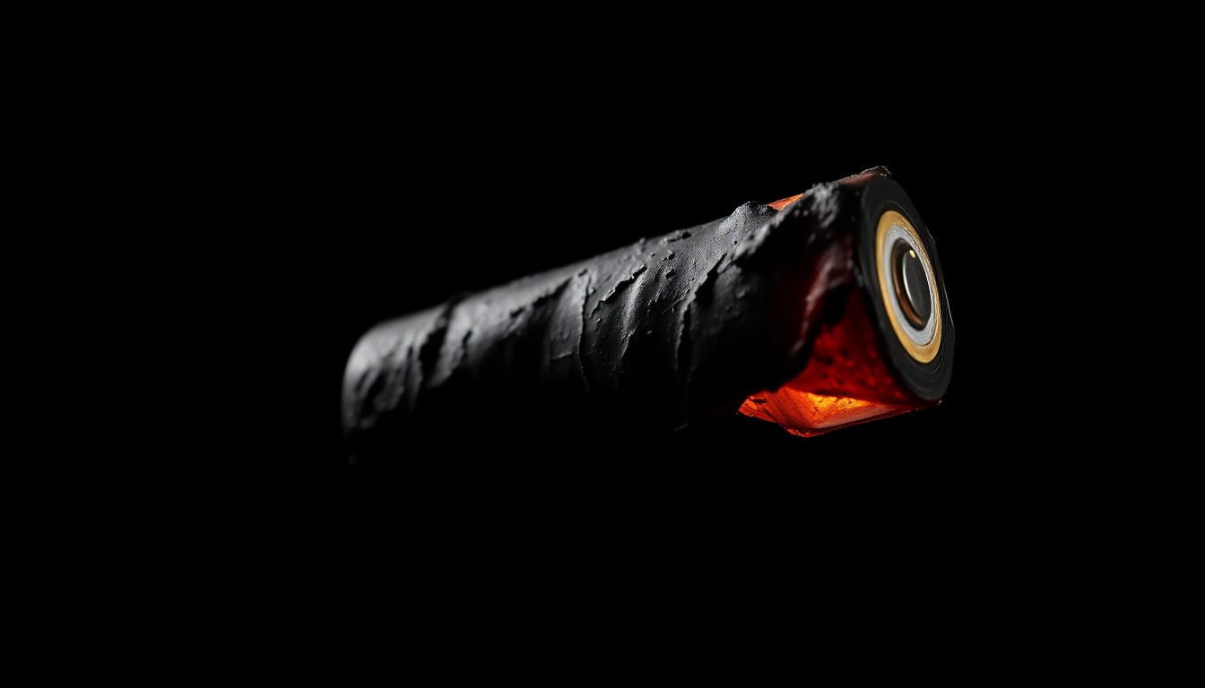 An extreme close-up photograph of a charred, twisted lithium battery cell against a pitch-black background, conveying the dangerous potential of these power sources when they fail.