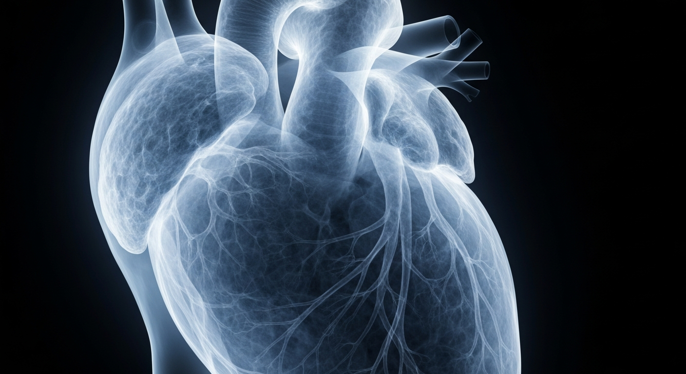 A translucent, ghostly X-ray photograph revealing the intricate internal structure of a human heart, rendered in shades of blue and grey against a dark background, conceptually representing the vital importance of Medicaid healthcare coverage.