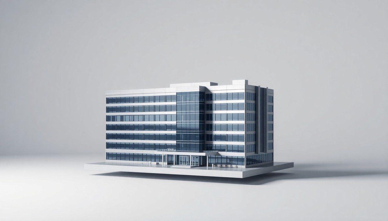 A photorealistic studio still life depicting a polished, geometric model of a modern hospital building in brushed steel and glass, floating on a clean, monochromatic background and using dramatic lighting to convey a sense of advanced medical technology and premium patient experience.