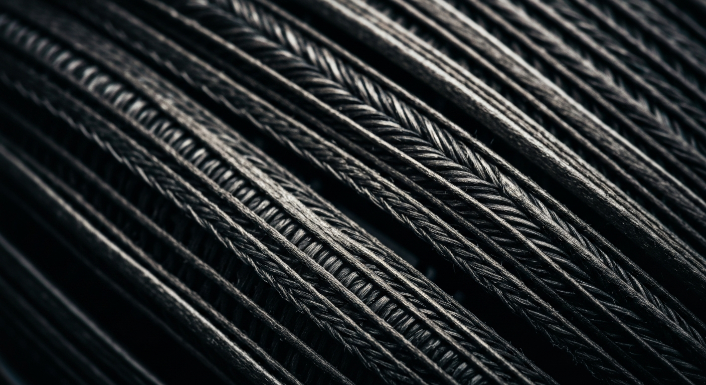 An extreme close-up photograph of the intricately woven mesh and textured materials that make up an electric vehicle wire harness, captured in dramatic lighting that highlights the raw materials and engineering precision.