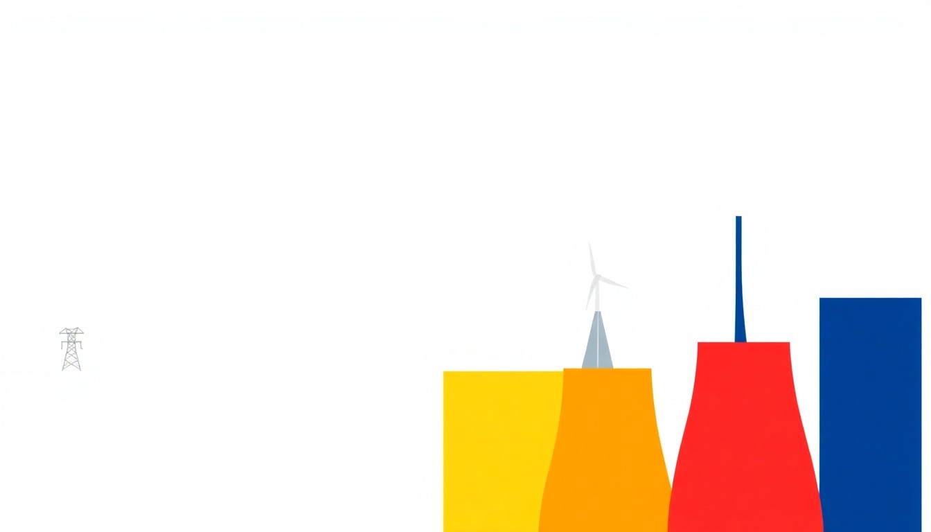 A geometric abstract illustration using bold shapes and primary colors to conceptually represent increasing energy production capacity.