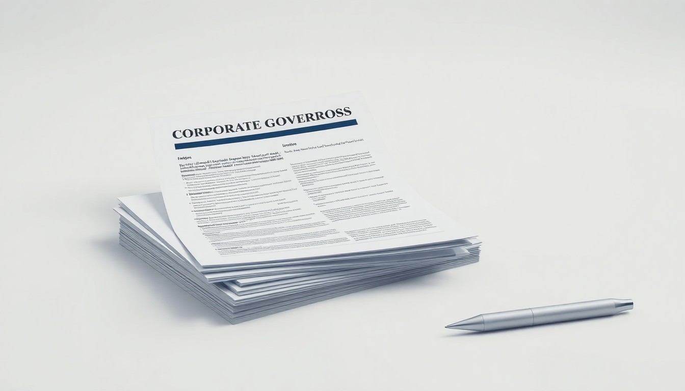 A photorealistic studio still-life featuring a stack of corporate financial reports and a sleek metal pen on a clean, monochromatic background, symbolizing the abstract concepts of corporate governance and shareholder transparency.