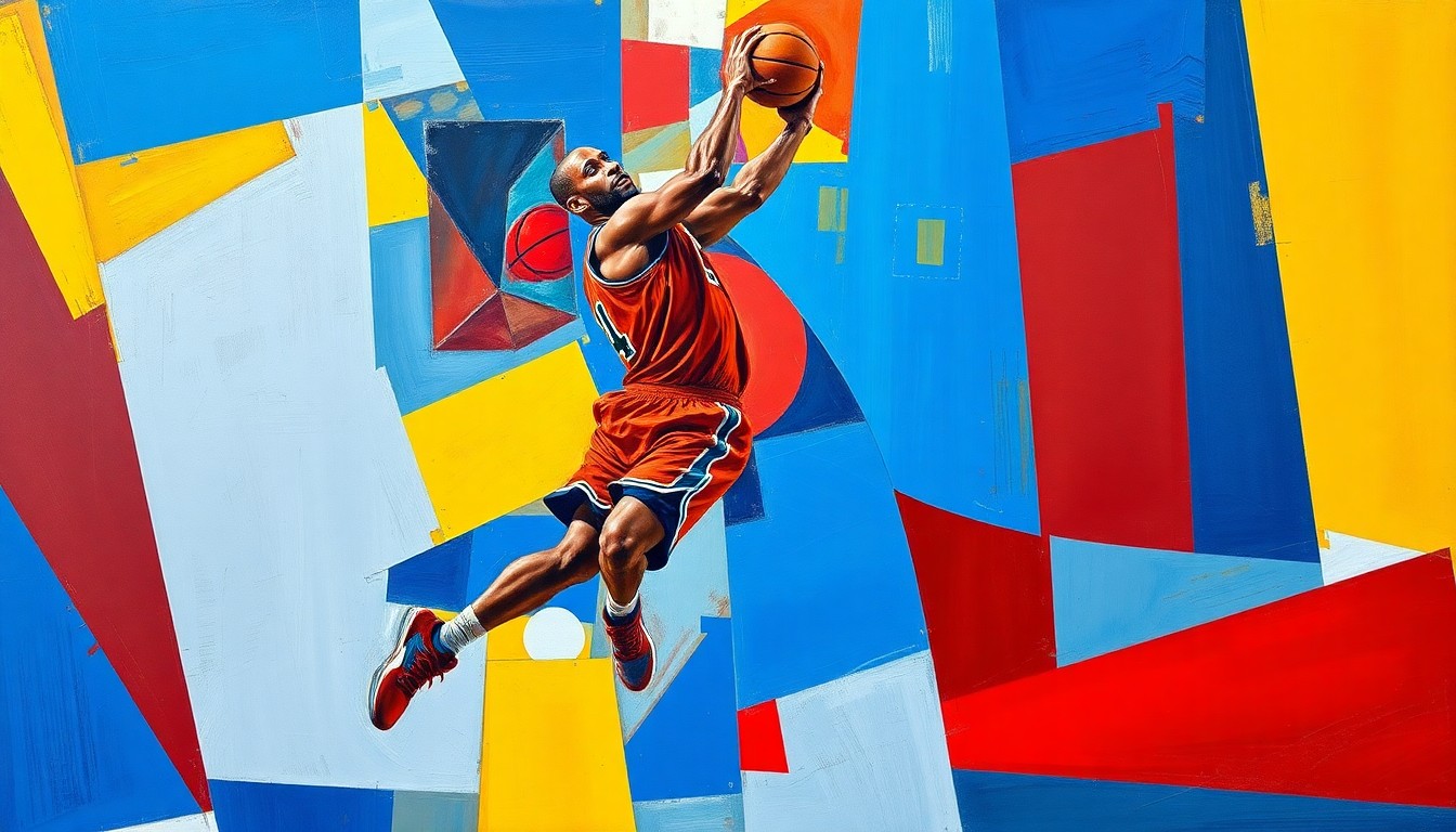 A cubist, geometric painting depicting the fragmented movements and actions of a basketball player, rendered in bold, contrasting colors that capture the dynamic energy of the sport.