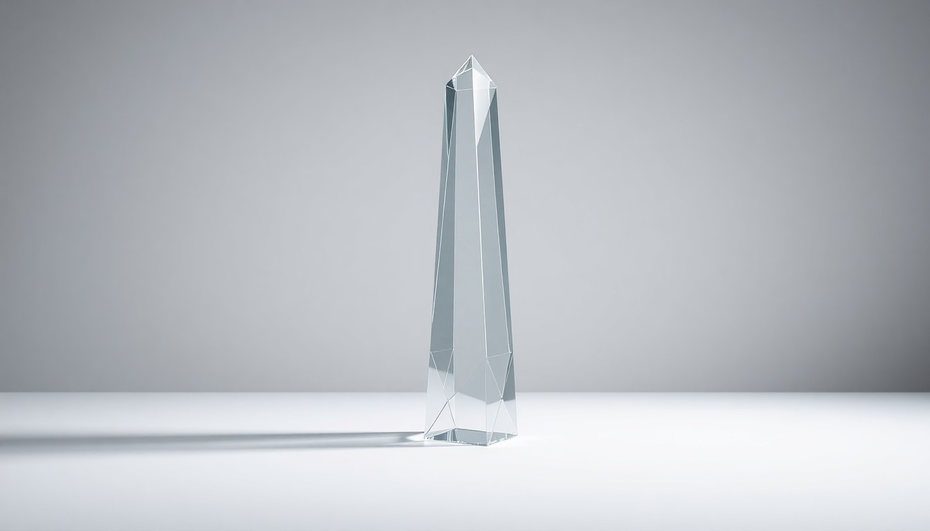 A photorealistic studio still-life photograph featuring a polished, geometric glass model of a tall, contemporary skyscraper, placed elegantly on a clean, monochromatic background with dramatic lighting and shadows, conceptually representing the proposed mixed-use tower development in downtown Orlando.