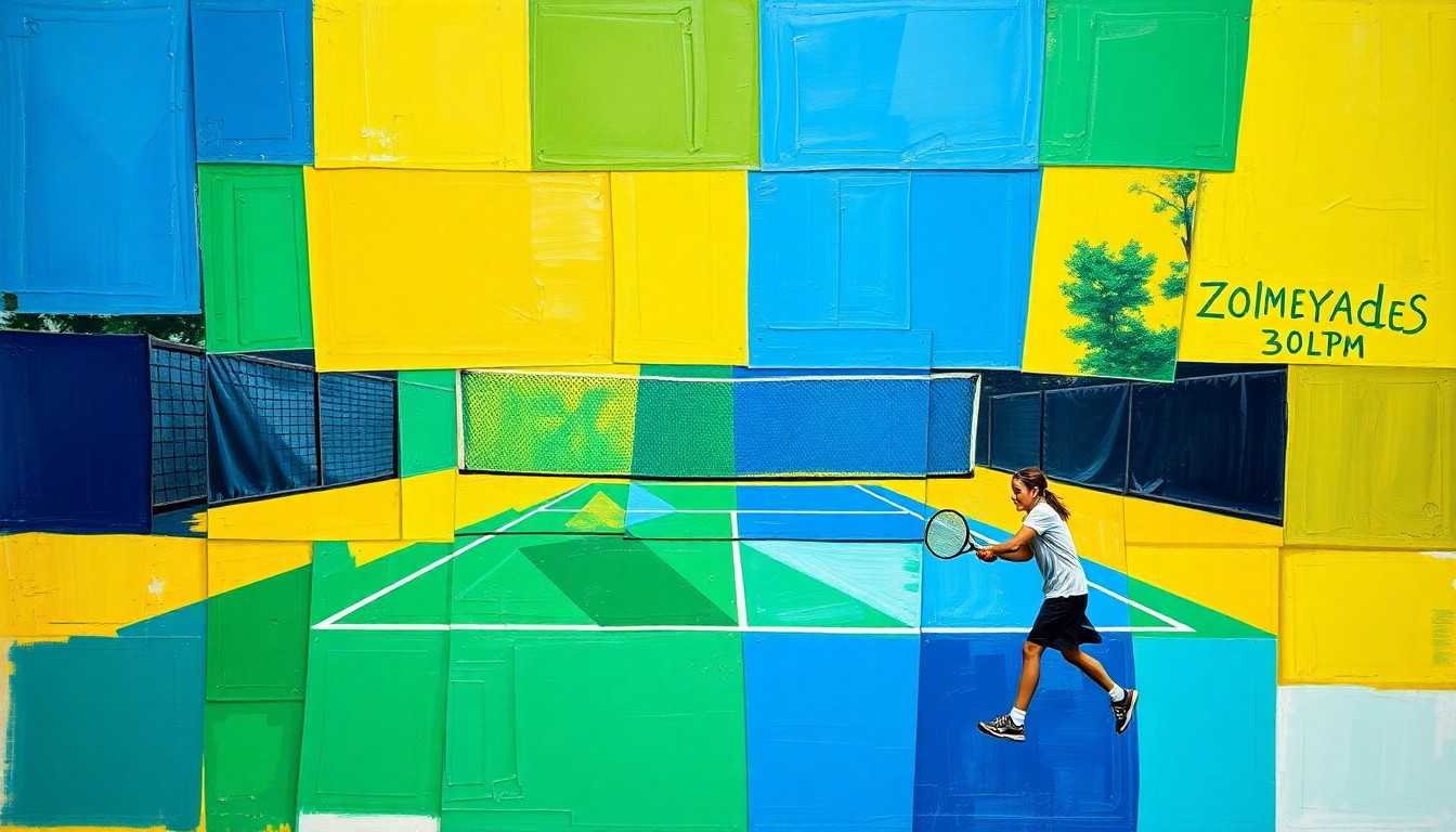 A vibrant, cubist-style painting depicting a high school tennis match, with the players and court broken down into sharp, overlapping geometric shapes in shades of blue, green, and yellow, conveying the dynamic energy of the sport.