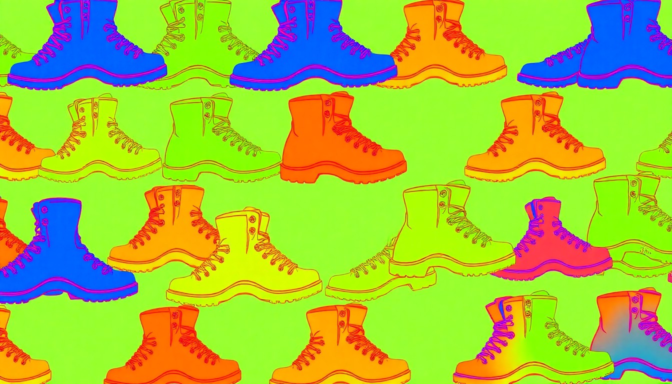 A bold, colorful silkscreen print featuring a repeated pattern of hiking boots in neon shades of green, blue, and orange, conceptually representing the active, outdoor-focused nature club.