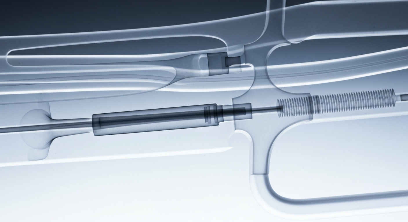 An extreme close-up of a translucent, ghostly medical instrument or device, revealing its intricate internal structure and conceptually representing the importance of patient safety and attention to detail in healthcare.