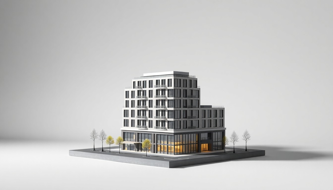 A photorealistic studio still-life photograph featuring a scale model of a 6-story mixed-use building with clean geometric forms and premium materials like brushed steel and glass, arranged elegantly on a monochromatic background with dramatic lighting, conceptually representing the development's impact on the local real estate market.
