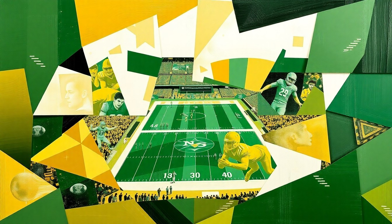 A cubist, geometric painting in shades of green, gold, and white, capturing the dynamic action and energy of a football game in an abstract, fragmented style.
