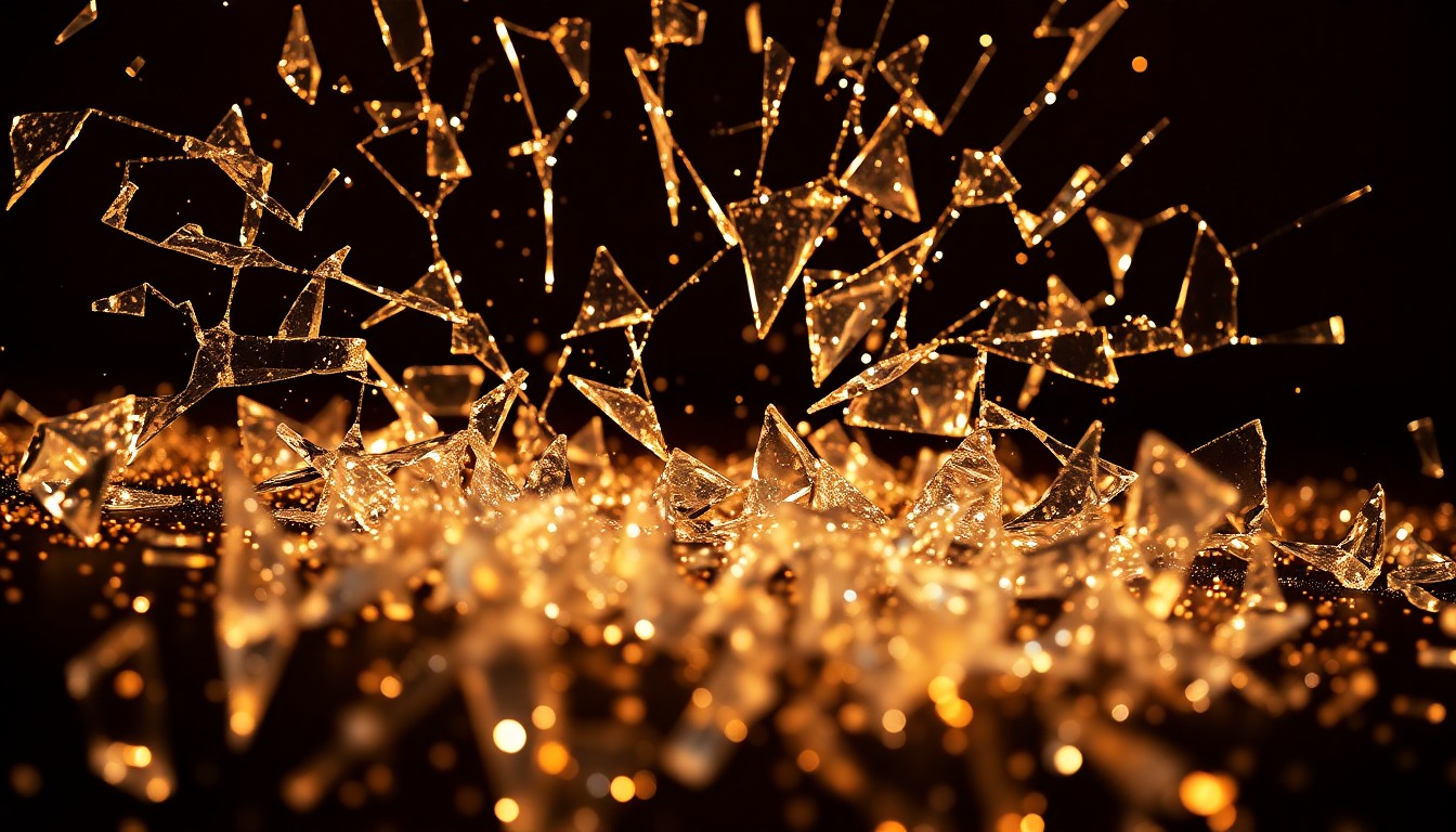 An extreme close-up of shattered glass reflecting dramatic highlights and shadows, conveying the vibrant, high-contrast aesthetic of vintage Hollywood glamour without depicting any specific objects or people.