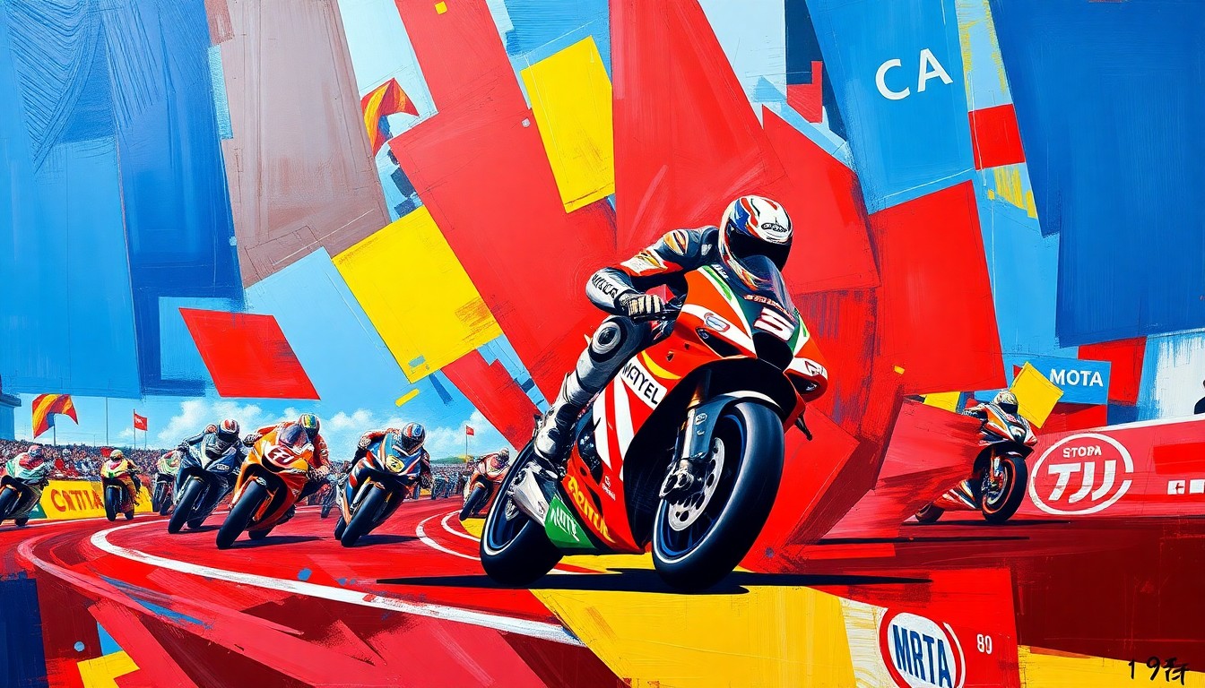 A cubist, geometric painting depicting a fragmented MotoGP race scene, with overlapping planes of bright red, blue, and yellow colors representing the high-speed action and technical challenges faced by the Yamaha team.