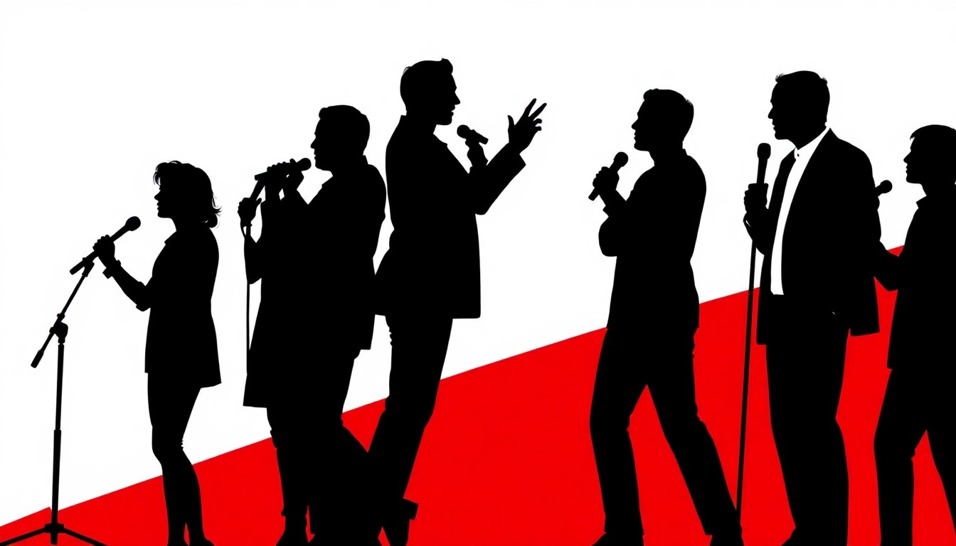 A minimalist, abstract illustration featuring bold black silhouettes of a microphone and audience against a bright red background, conceptually representing the energy of a live stand-up comedy performance.