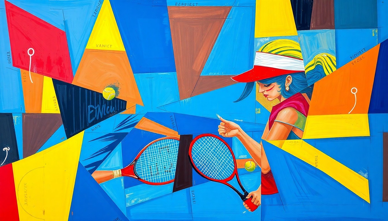A fractured, geometric painting in vibrant blues, reds, and yellows, depicting the dynamic movements and overlapping perspectives of a tennis match between two players.