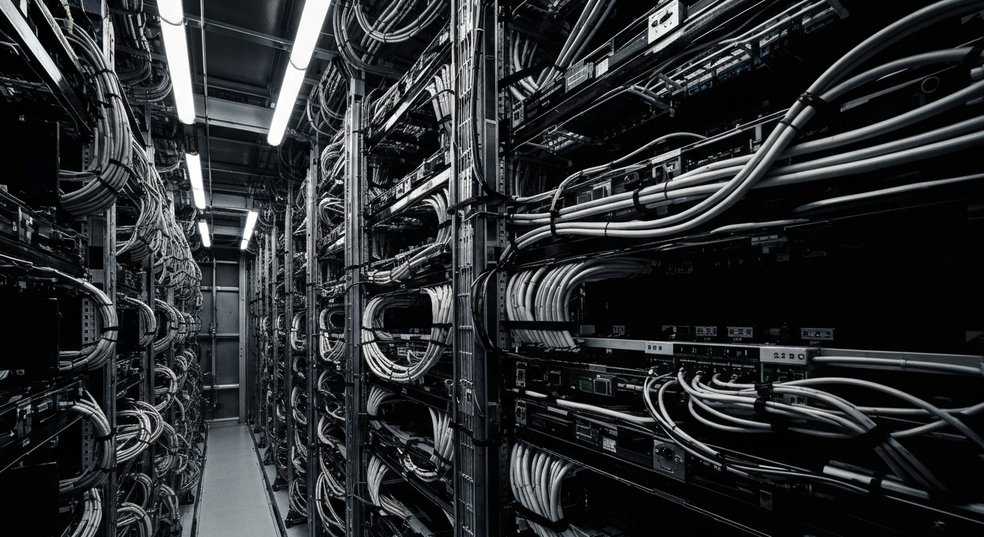 A close-up view of the intricate machinery and cabling inside a modern data center, captured in a high-contrast, industrial style that conveys the scale and complexity of the digital infrastructure powering the global economy.
