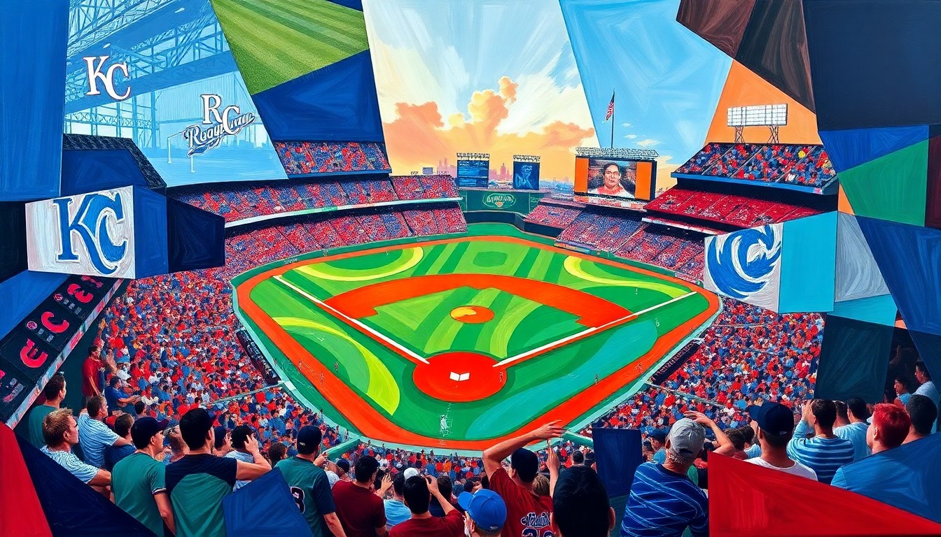 A fractured, geometric painting in bold primary colors, depicting the dynamic action and overlapping perspectives of a baseball game between two teams.
