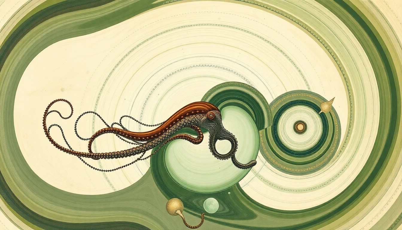 A bold, abstract painting featuring sweeping geometric arcs, concentric circles, and precise spirals in earthy tones of green, brown, and blue, representing the complex evolutionary history of ancient marine life.