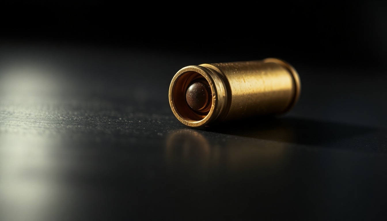 An extreme close-up of a single spent bullet casing on a dark surface, creating a stark, gritty, investigative aesthetic through the use of harsh, direct flash lighting.