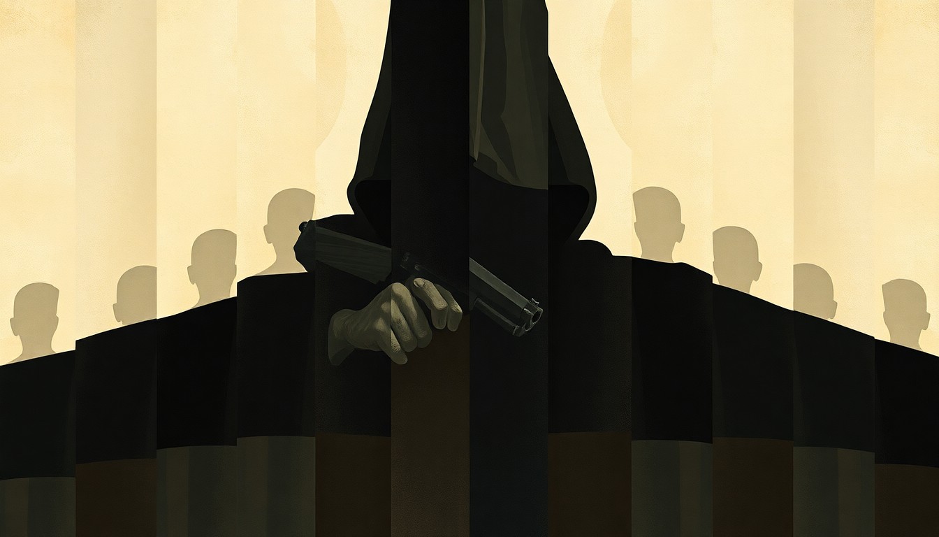 A fractured, abstract painting depicting a shadowy figure holding a gun, repeated in overlapping geometric shapes and muted colors, conveying a sense of unease and uncertainty surrounding the political response to the White House shooting incident.