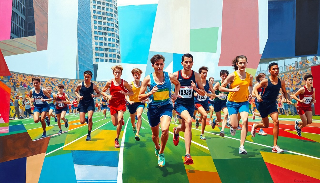 A fragmented, geometric painting depicting athletes competing in a track and field event, with sharp planes of color and overlapping shapes representing the dynamic motion of the competition.