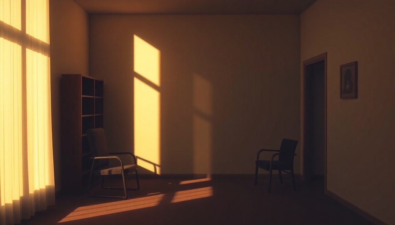 A dimly lit, cinematic painting of an empty therapist's office, with warm sunlight streaming in through the window and deep shadows covering much of the room, creating a melancholy and isolated atmosphere.