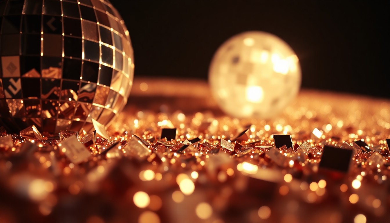 An extreme close-up photograph of shimmering sequins and disco ball fragments, captured in dramatic high-contrast studio lighting to evoke the vibrant energy and glamour of Selena's music and cultural impact.