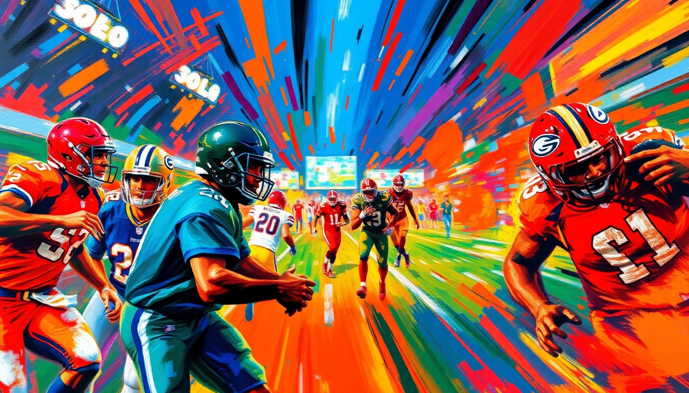 An abstract, energetic painting in neon colors, with blurred shapes and figures representing the dynamic world of sports betting.