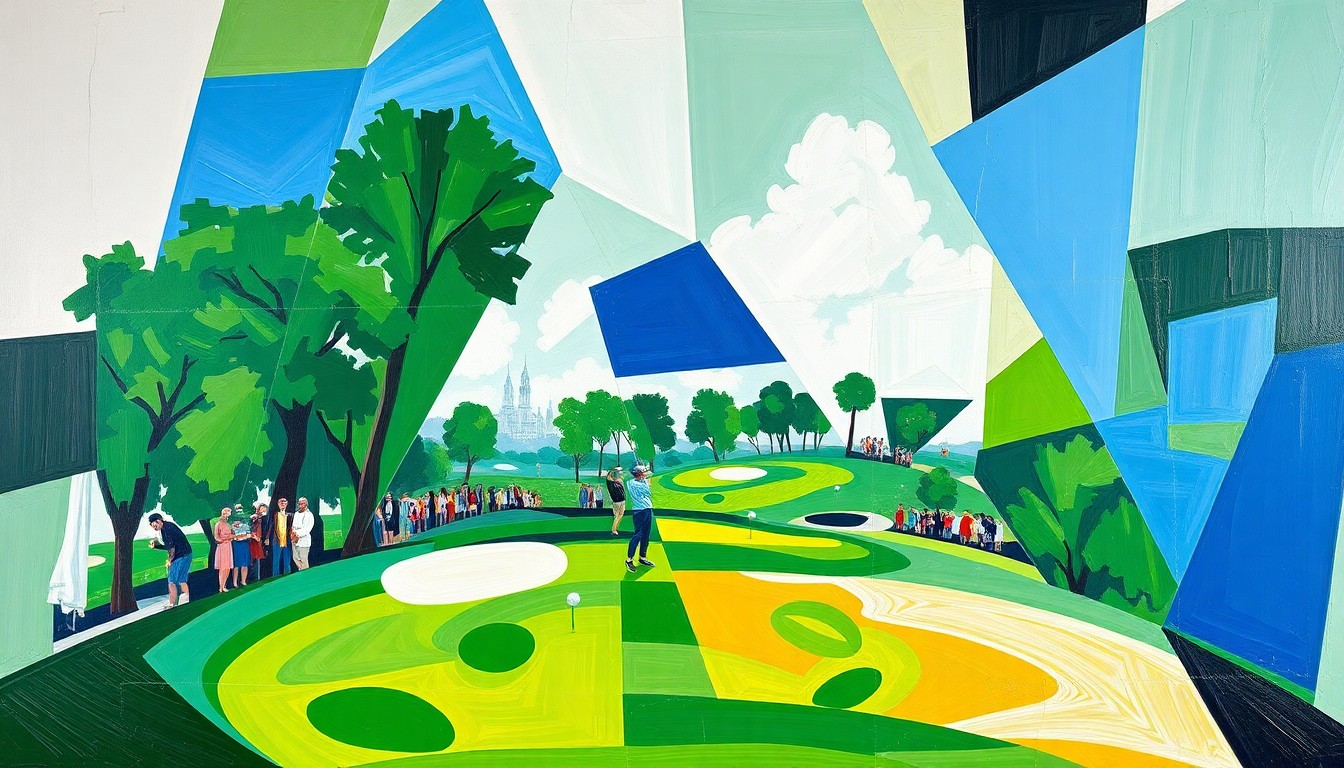 A cubist, geometric painting depicting a fragmented golf tournament scene with overlapping planes of green, white, and blue, conveying the dynamic energy and importance of the caddies at the Masters.