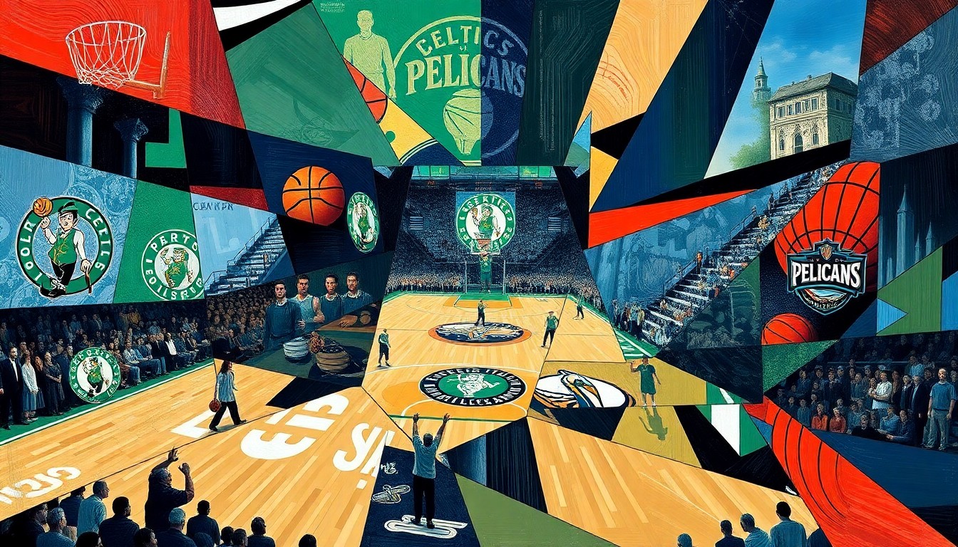 A fragmented, geometric painting depicting a basketball game in motion, with players and the court deconstructed into sharp, overlapping shapes and planes of color.