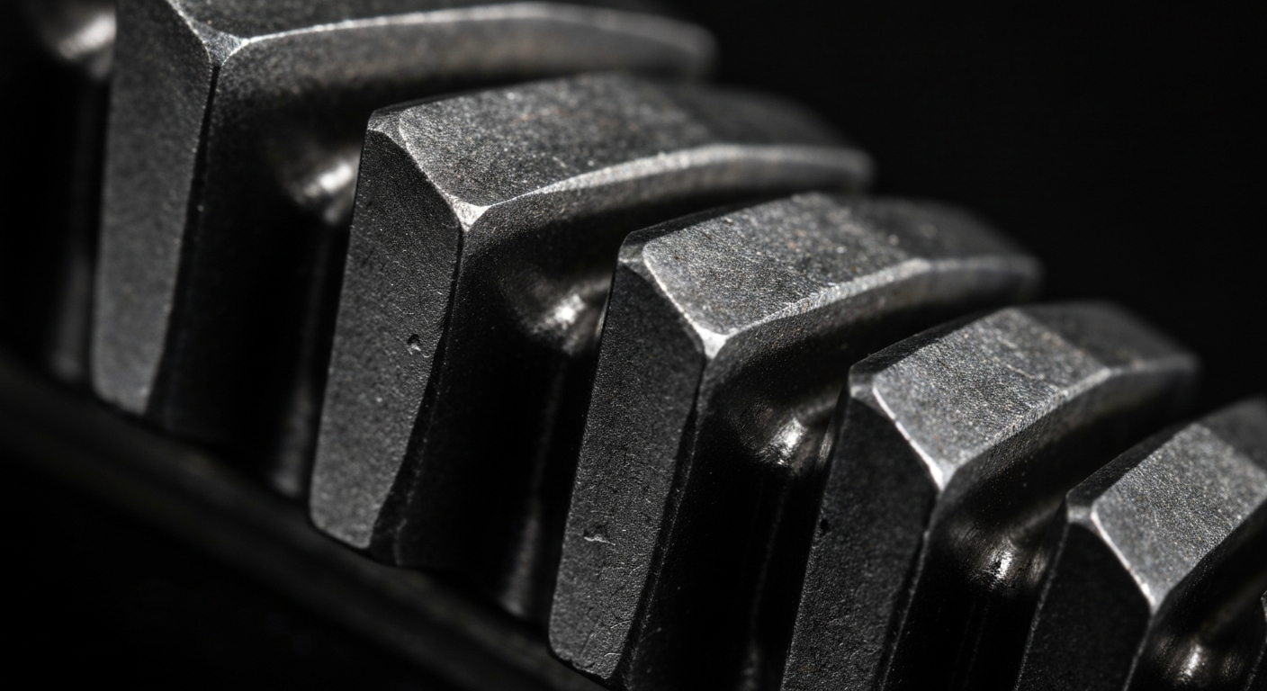 An extreme close-up photograph of the textured, pebbled surface of a metal gear rack tooth, dramatically lit to highlight the intricate engineering and metallic sheen.