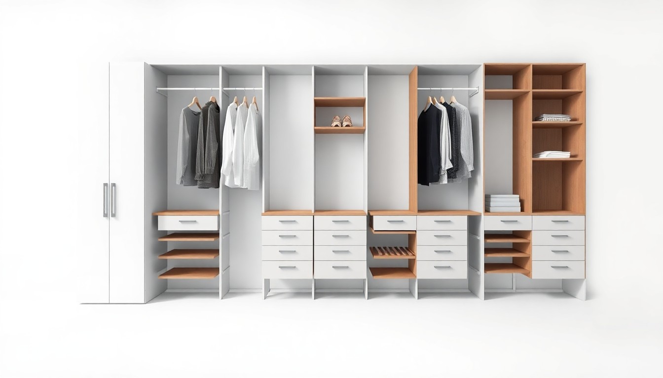 A minimalist, high-end studio photograph of a sleek, modern closet system in shades of white, grey, and wood tones, floating elegantly on a plain white background to represent the organization and efficiency of California Closets' products.