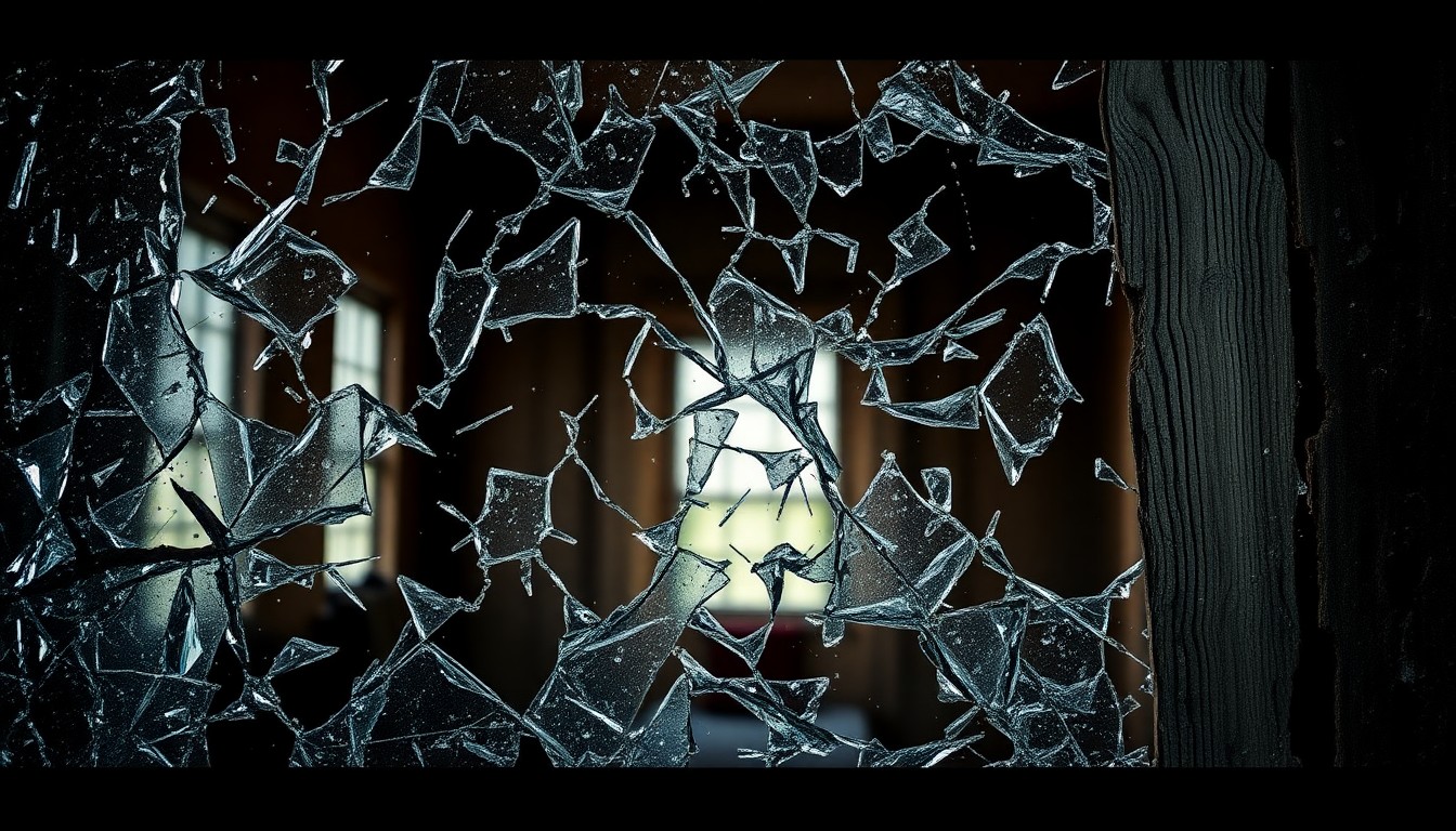 An abstract close-up image featuring shattered glass and splintered wood textures in dramatic high-contrast lighting, conveying the dilapidated and 'zombie-like' state of the homes featured on the show.